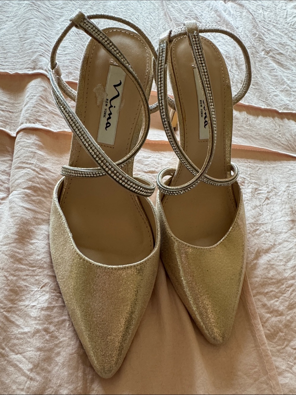 Nina Gold Glitter Pointed-Toe Strappy Heels with Rhinestone Straps US 7/ 37 EUR